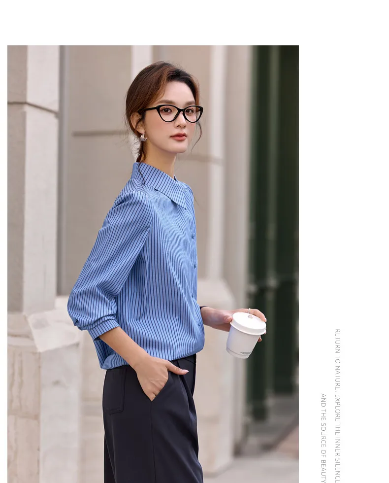 VIMLY Women's Blue Striped Shirt 2026 Spring New Irregular Placket Turn-Down Collar Long Sleeve Top Casual Commute Shirt A3711