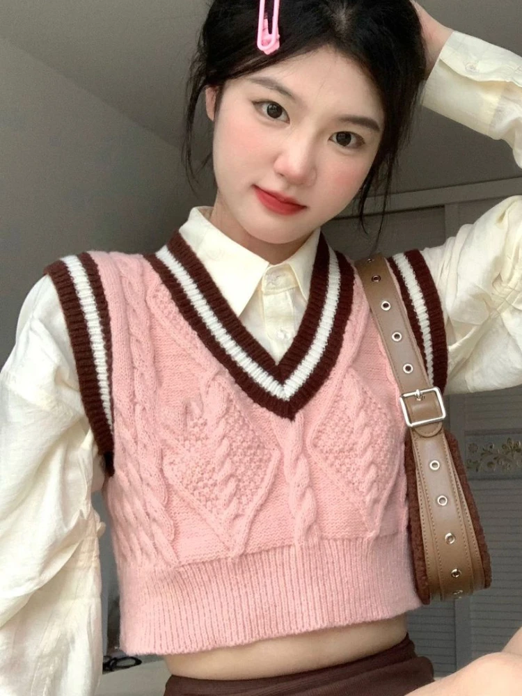 Sweater Vest Women Striped Knitting All-match Slim Cropped Sweet Spring V-neck Cozy Fashion Preppy Style Ulzzang Simple Pink Ins