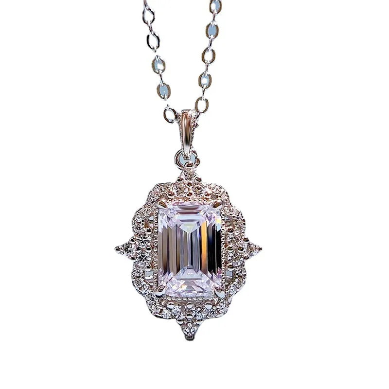 2022 new 925 silver imitation emerald cut 6*9 necklace pendant female European and American luxury ins style