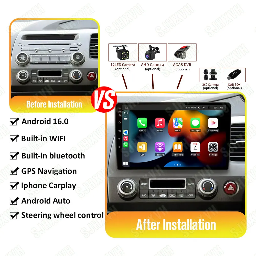Android 16 Car stereo radio For Honda Civic 8th 2005 2006 2007 2008 2009 2010 2011 multimedia wireless carplay android auto