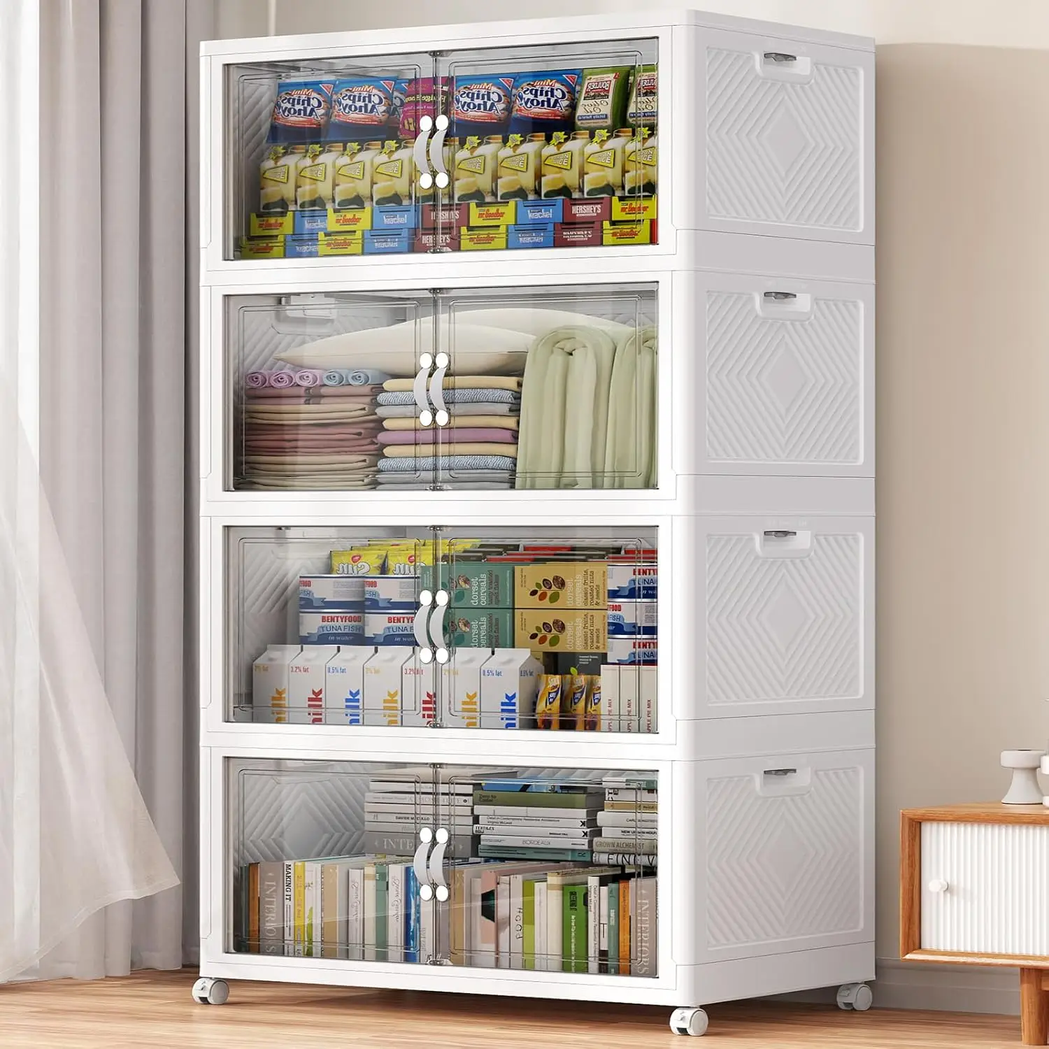 

Stackable Storage Bins with Lid, 160Gal Closet Organizers and Plastic Cabinets Shelves, Collapsible Drawers with PET Clear Doors
