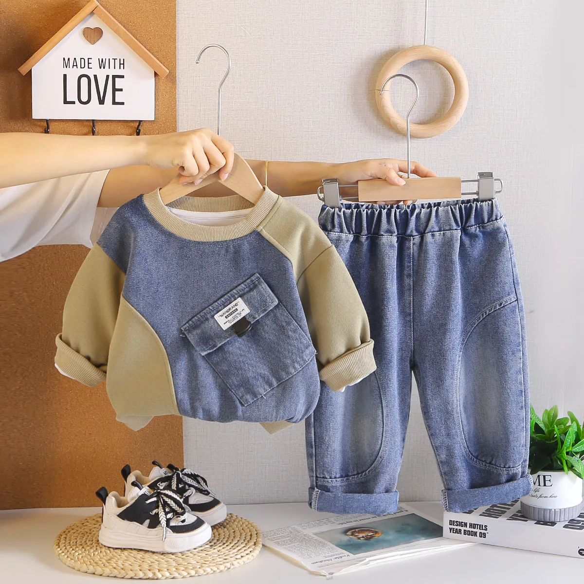 0-5 Years Baby Boy Fall Clothing Kids Clothes 2026 Spring Autumn Denim Patchwork Sweatshirt Tops and Pants 2PCS Boys Outfit Set