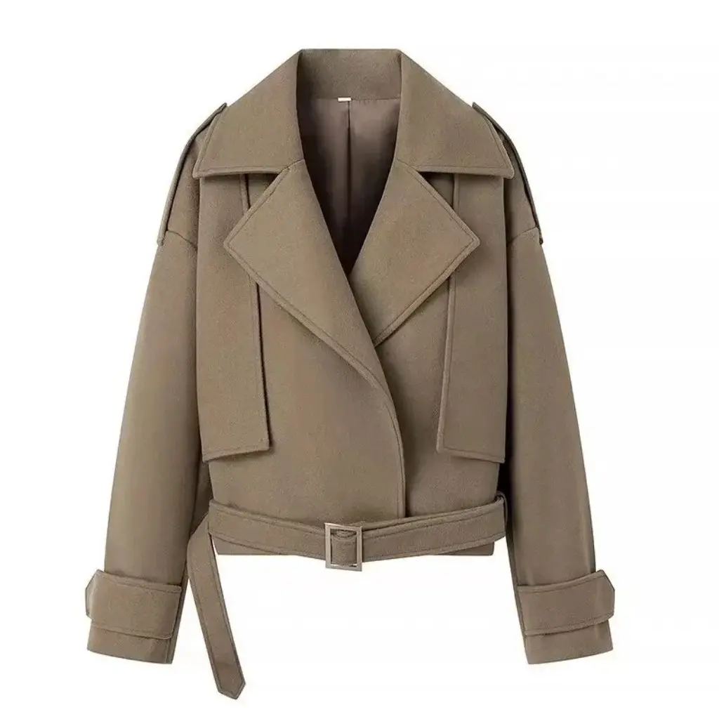 

Spring Women's Short Woolen Coat European American Style Belted Lightweight Mature Fashion for Women