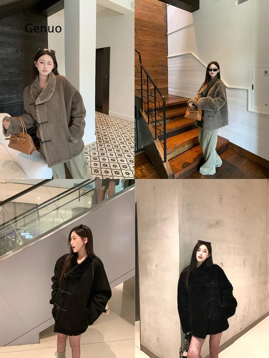 Women Grey Brown Faux Fur Coat Short Winter Warm Overcoat Thick Fluffy Outerwear Casual for Daily Streetwear Office Travel Wear