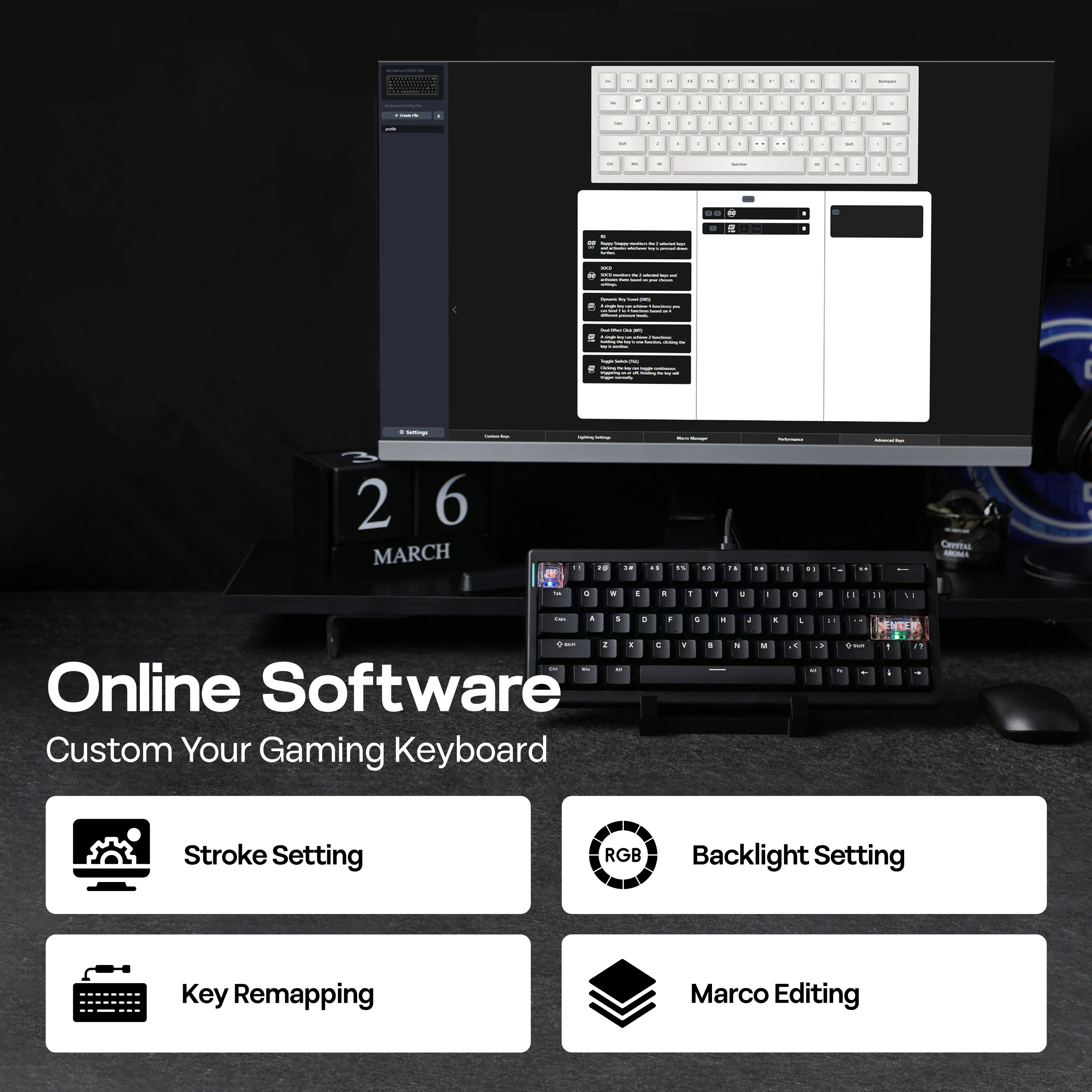 CIDOO C60 HE, 63-клавишная компактная раскладка, проводная игровая клавиатура с возможностью горячей замены и магнитным переключателем с эффектом Холла, RGB-подсветка, частота заката 8K