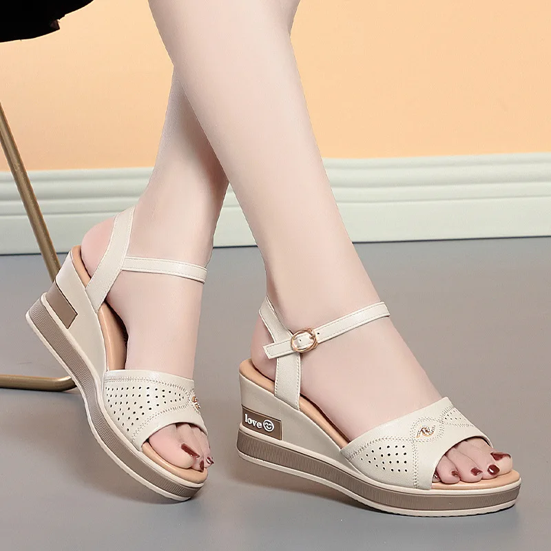 Summer Women Sandals Casual Flat Shoes Genuine Leather Female Wedges Soft Sole Cozy Mother Shoes Butterfly Hollow Breathable