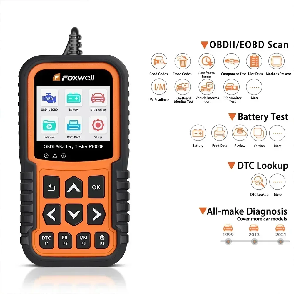 New+ Foxwell F1000B CAN OBDII/EOBD Code Reader & Battery Tester 2 in 1 12V Battery Analyzer OBD Code Reader PK BT705 BT715 BT780