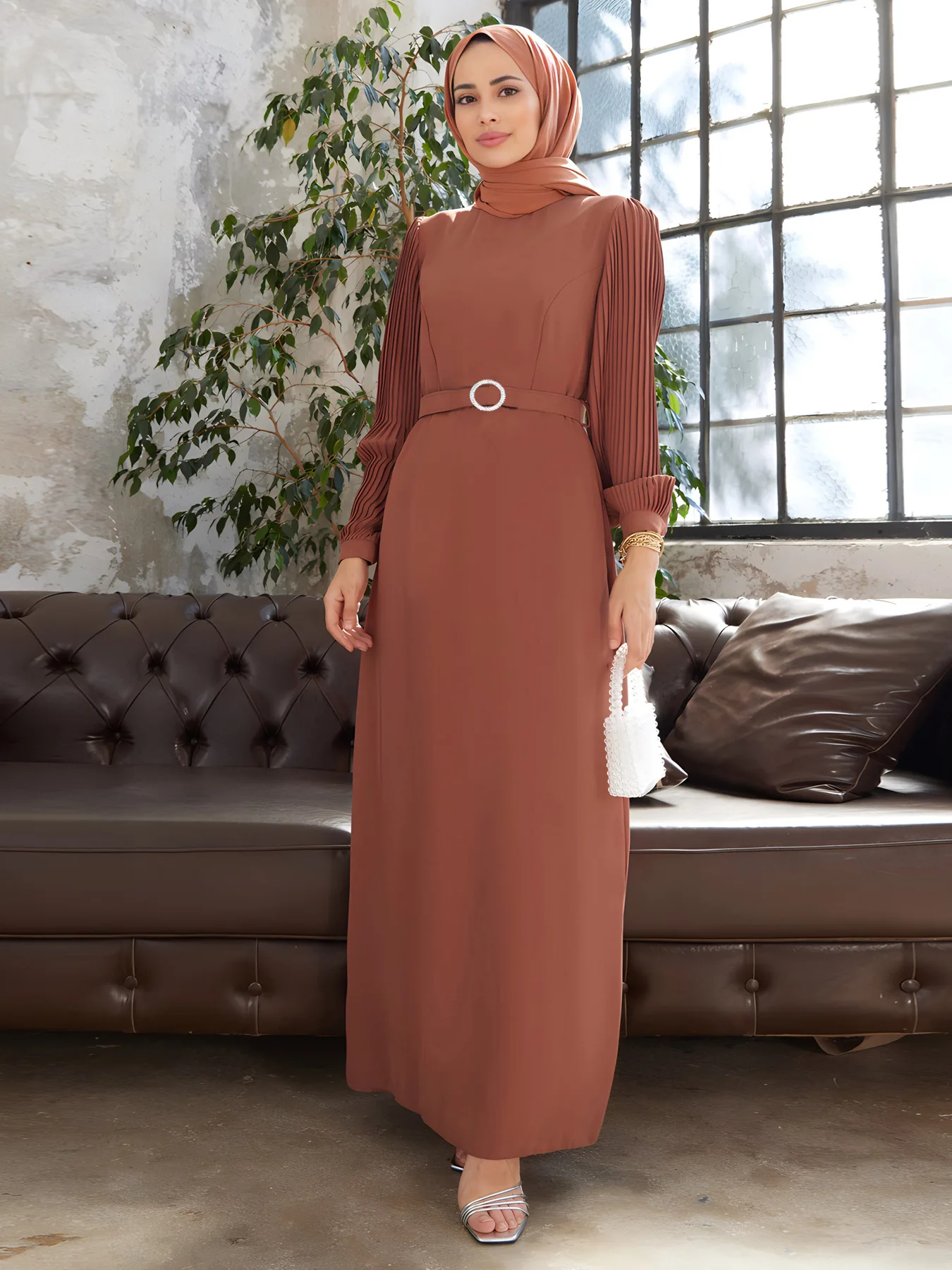 

Ramadan Muslim Women Pleated Belted Maxi Dress Dubai Turkey Abaya Kaftan Eid Islamic Clothing Saudi Arabic Robe Marocain Vestido