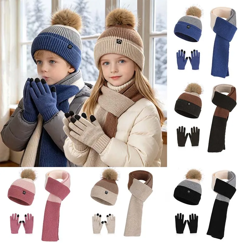 Winter Kids Hat Scarf Gloves Set Warm Fleece-Lined Knitted Beanie Touchscreen Gloves for Boys Girls Ear Protection Warmer Suits