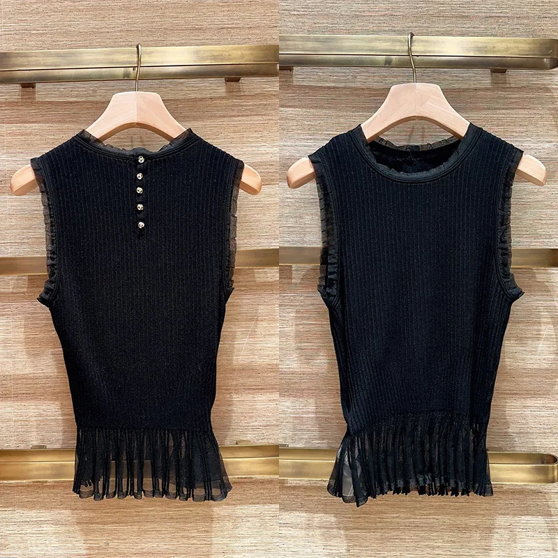 

Spring/Summer Women O-Neck Splicing Mesh Solid Color Knitwear Top Sleeveless Single Breasted Ruffle Elegant Knitted Shirt