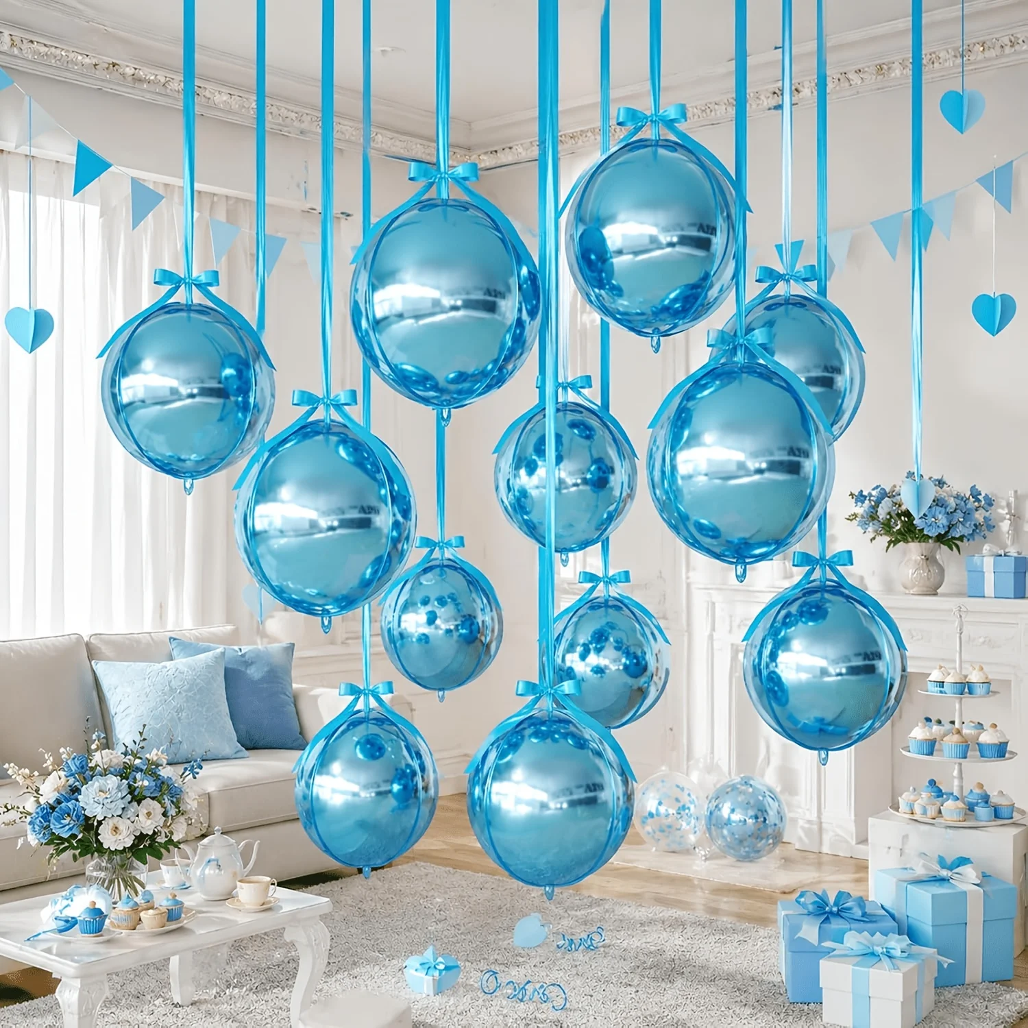 12Pcs Pearl Blue Round Balloon Set 22 inch, 15 inch, 10 inch Blue 4D Balloon Ball Party Decoration Balloons
