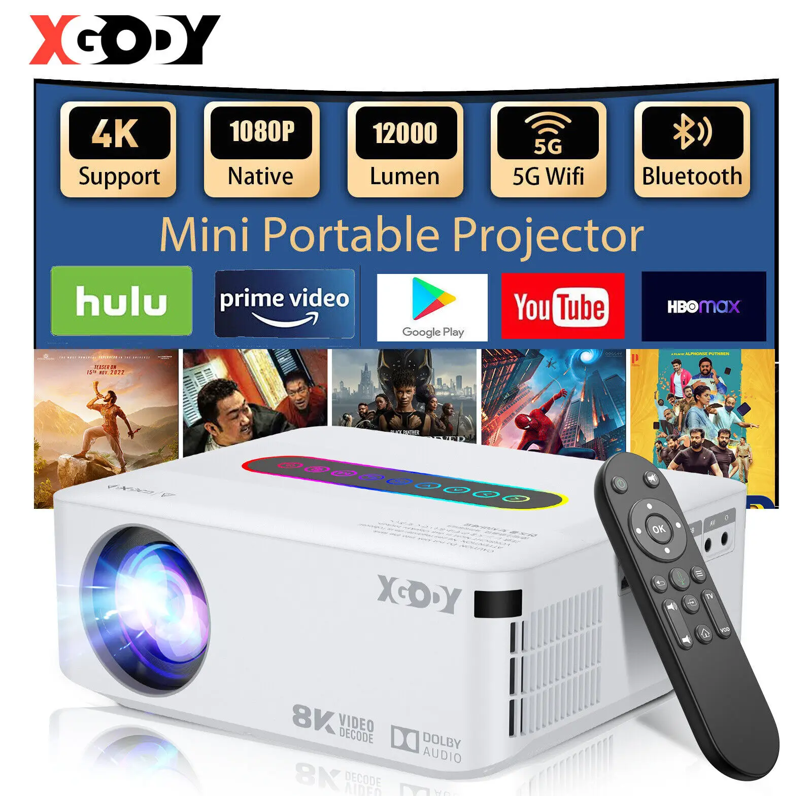 XGODY 12000 Lumen Smart Projector 4K 1080P 5G WiFi Home Theater Cinema Video Beamer HDMI USB