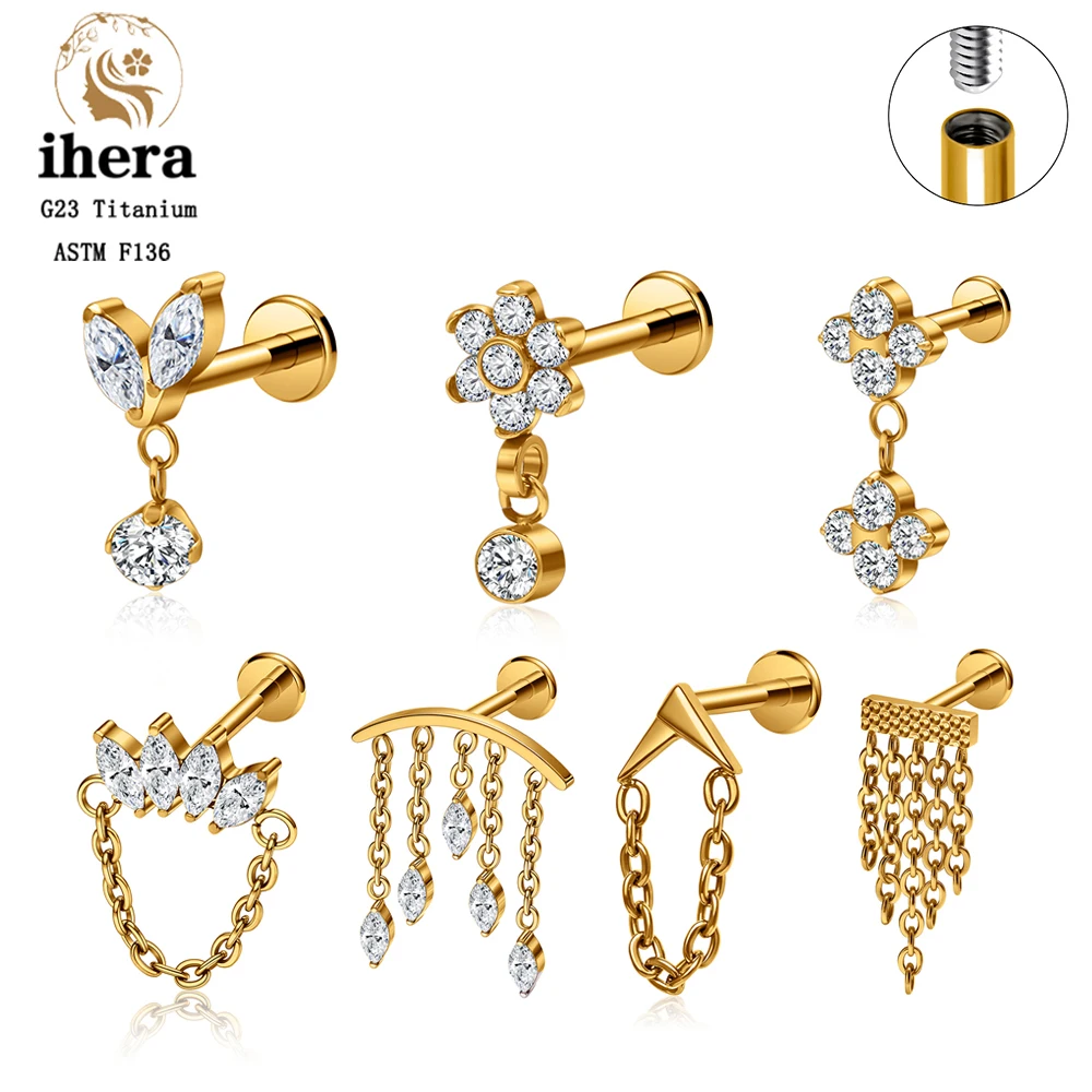 ASTM F136 Titan-Ohrknorpel-Ohrringe mit Innengewinde 16G, versteckter Helix-Stud mit Zirkonia-Kette, flacher Tragus-Piercing-Schmuck