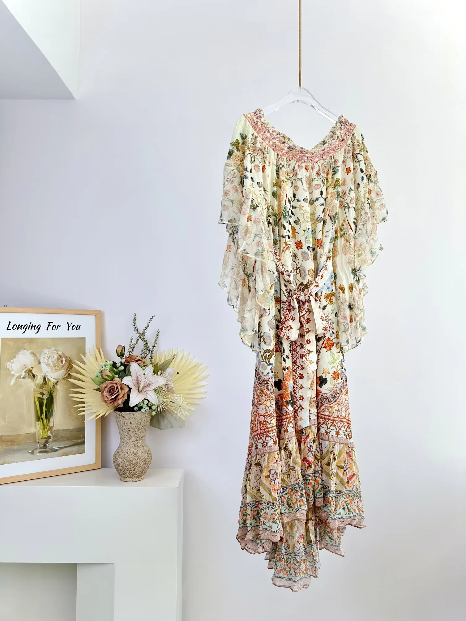 Flower Printed Women's 100% Silk Long Dress Multi-layer Flare Sleeve Waist Lace-up Slash Neck Irregular Hem Elegant Ladies Robe