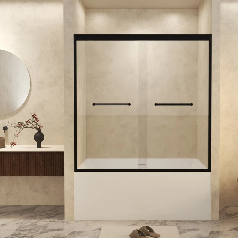 

56-60" W x 60" H Tempered Glass Double Sliding Shower Door with Explosion Proof Film, Aluminum Frame, 6mm Thickness, Stainless Steel Handle, Matte Black Finish