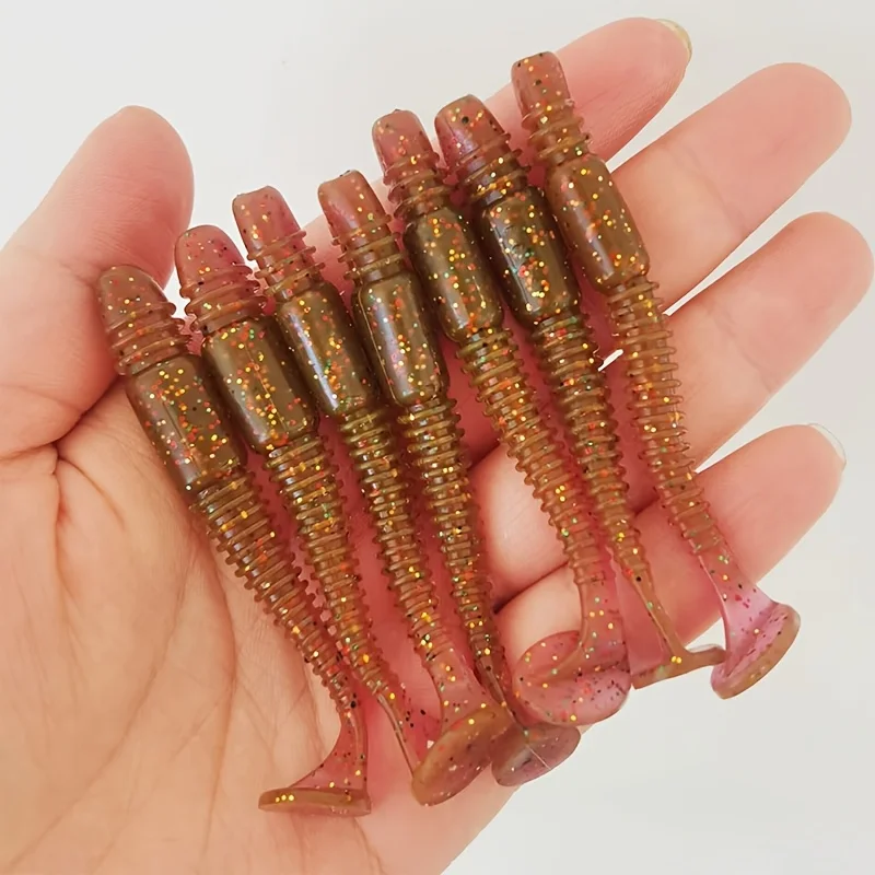 7pcs Artificial Fishing Lures, T Tail Soft Fishing Bait With Eyes, Outdoor Fishing Accessories