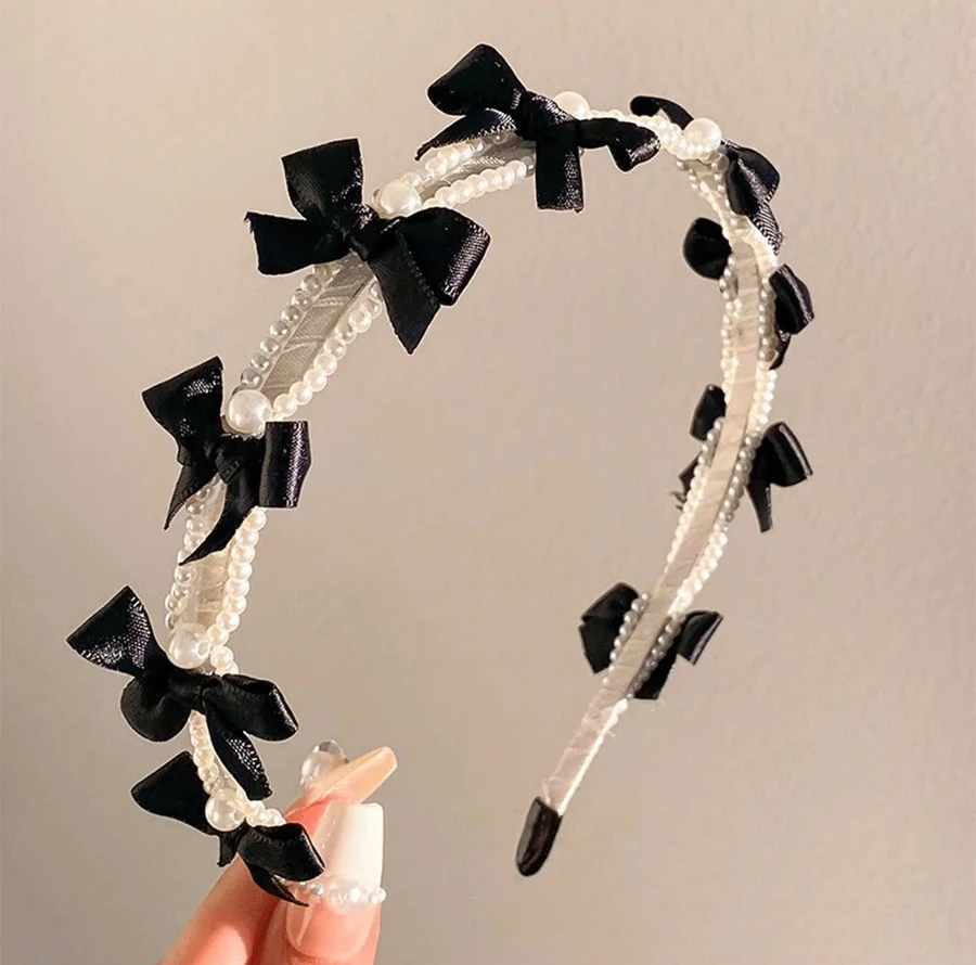 Women’s Lightweight Pearl & Bow Headband, French Inspired Black White Hair Hoop, Elegant Hair Accessory for Daily & Party - Detail 1