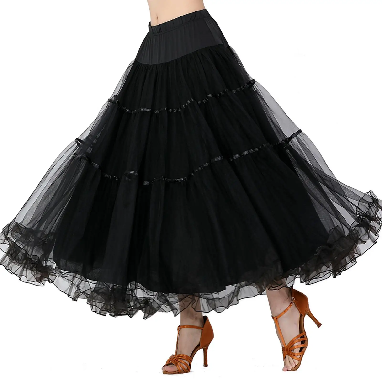 Womens Ballroom Dans Rok Waltz Flamenco Kostuum Elastische Tailleband Grote Schommel Volwassen Dans Slijtage Buikdans Kostuum Accessoires