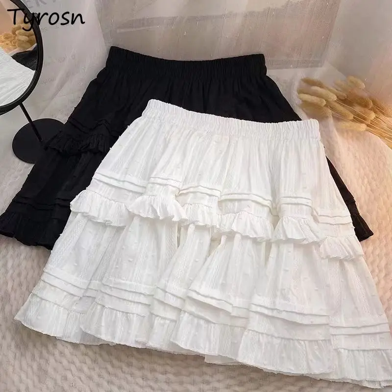 

Mini Skirts Women Patchwork Ruffles Pleated Layered College Students Sweet Girls Solid All-match High Elastic Waist Kawaii Chic