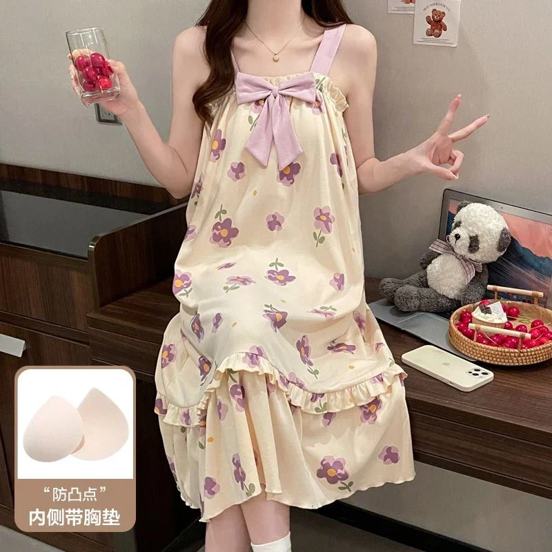 

Hot Summer Sexy Lingerie Spaghetti Strap Print Nightgowns For Women Korean Cute Bow Sleepwear Night Dress Nightdress Home Nighty