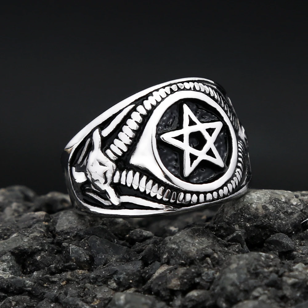 Vintage Mode Edelstahl Pentagramm Ringe für Männer Frauen Gothic Biker Ziege Teufel Dämon Ring Party Schmuck Geschenke Großhandel