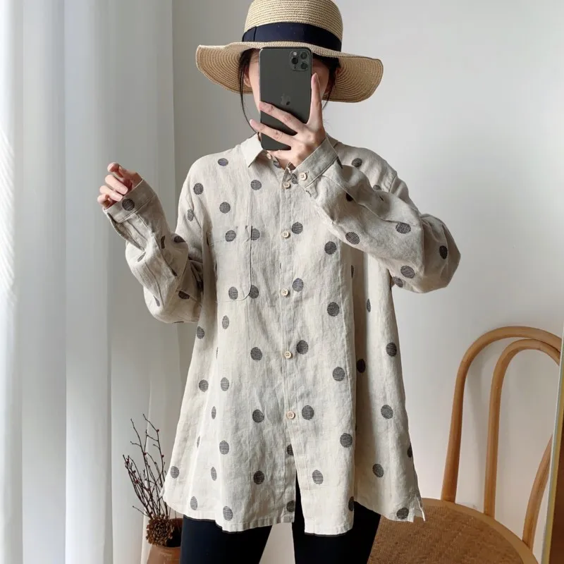 Johnature Summer New Vintage Linen Wave Point Women Tops Shirts 2024 Casual All Match Turn-down Collar Sun Protection Blouses