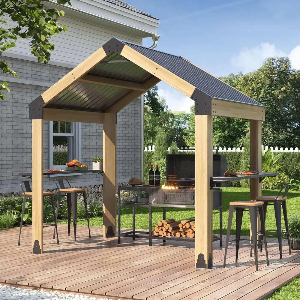 

7.7'x5.7' Outdoor Grill Wood Gazebo - Hardtop Gazebo with 2 Side Shelves and Galvanized Steel Roo, Patio Wooden BBQ Pergola or G
