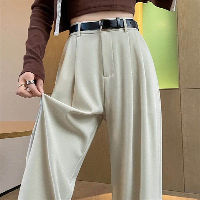 High Waist Suit Wide Leg Women\'s Full Pants with Belted 2024 New Spring Summer Female Elegant Minimalism Straight Loose Trousers