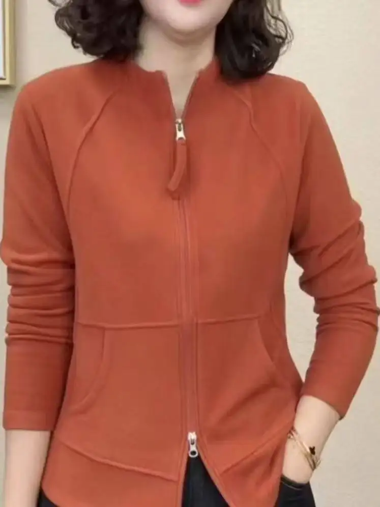 

Весенне-осенняя женская куртка с тонким воротником-стойкой на молнии, модная универсальная верхняя одежда, повседневная свободная посадка, длинный све, чистый цвет