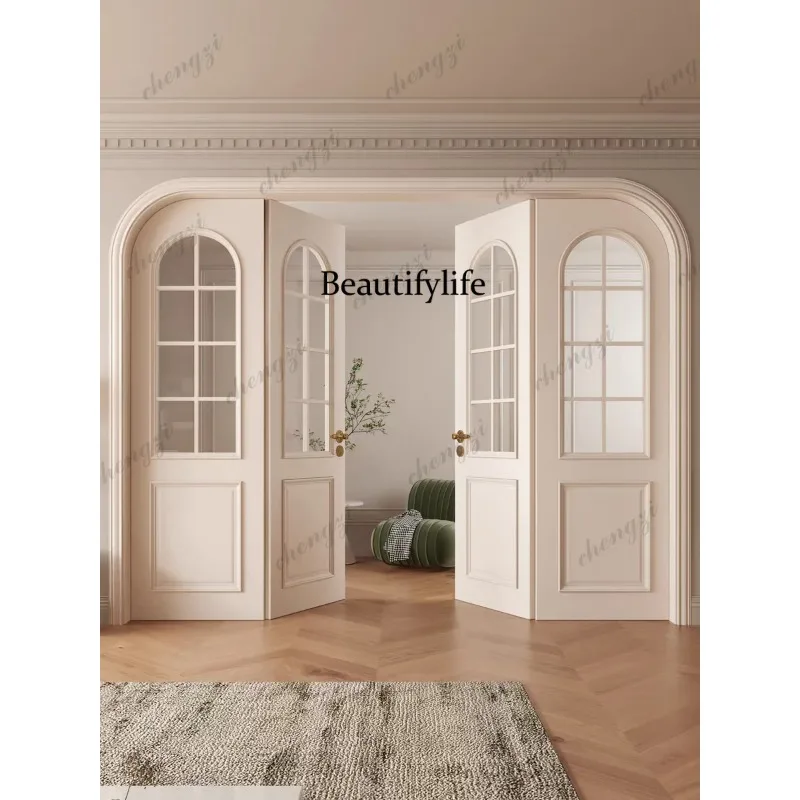 F181 Customization White Paint Medieval Style Hinged Wooden Door Stick Lines Midcentry Deep Lines Four Door Arc Line Glass