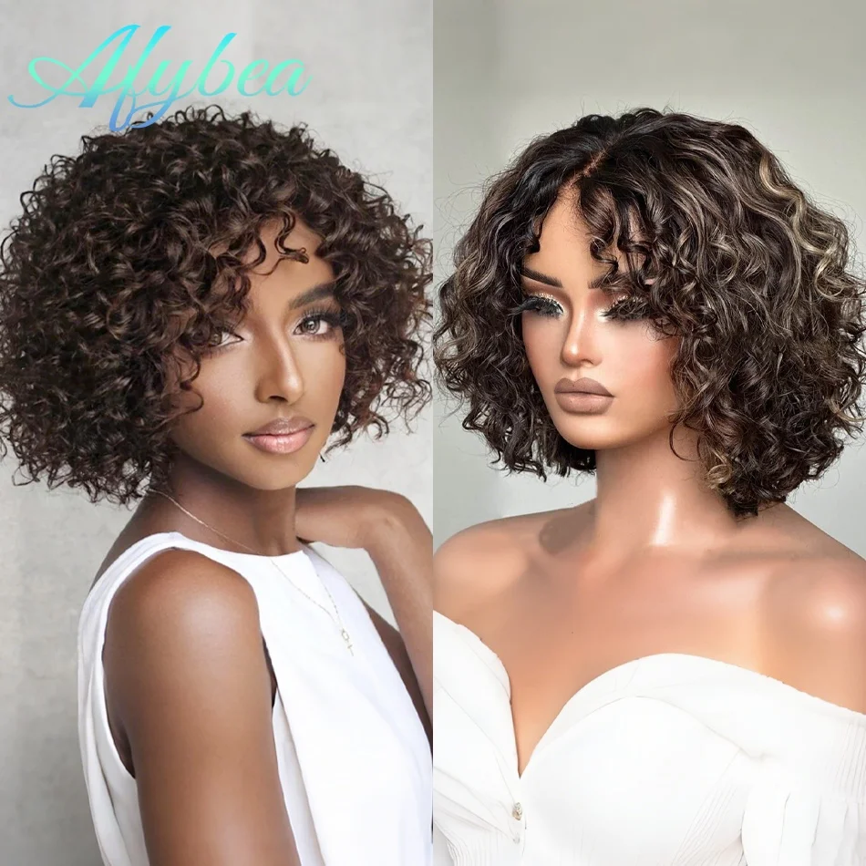 

250 Density Short Blonde Highlights Glueless Pixie Curly Lace Closure Wig Short Curly African Bob Wigs Brown Human Hair Lace Wig