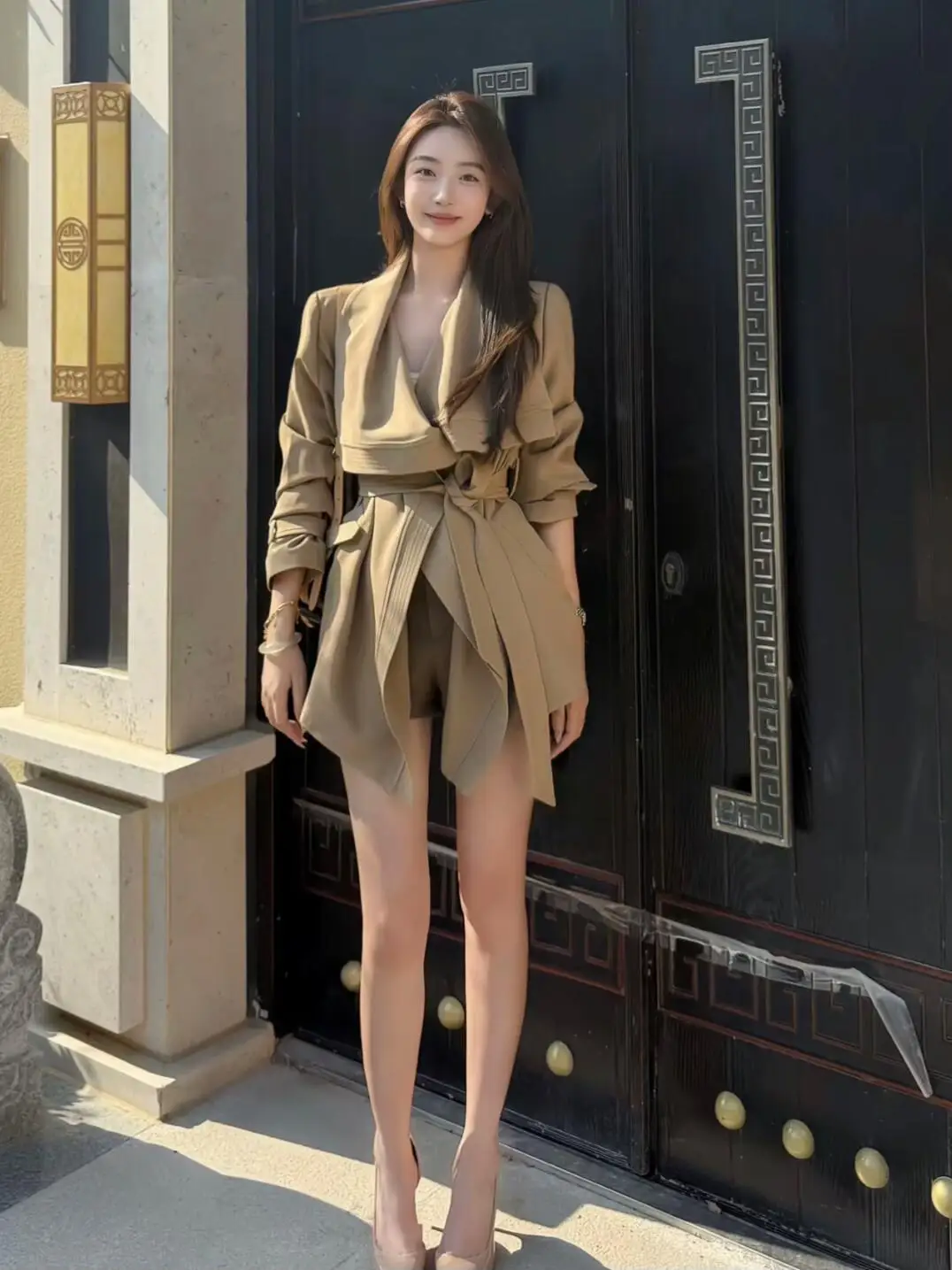 

Kaki Color Holland Collar Short Coat Elegant Women's Spring Autumn Top Fashionable Padded Jacket Korean Style Casual Loose Fit
