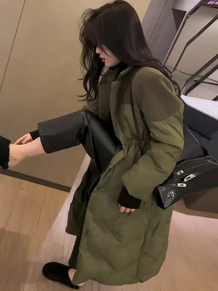 

Exjr Korean Style Long Woolen Lapel down Jacket Drawstring Waist High Fashion Advanced Commuter Windbreaker Thick Warm Coat