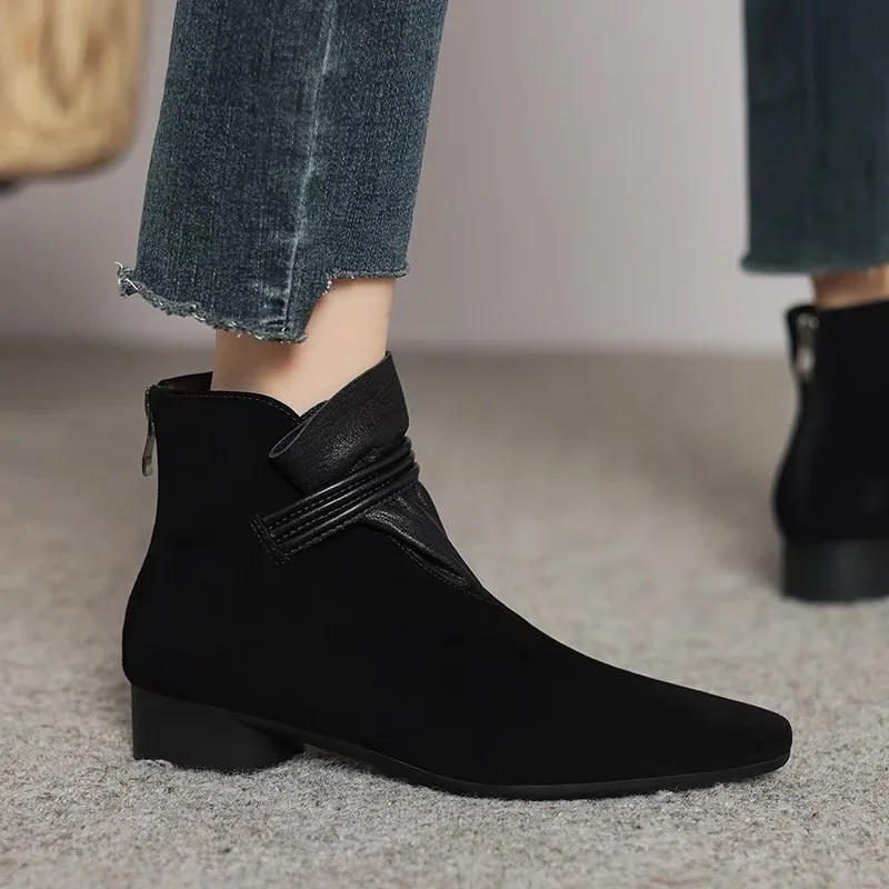 Fur Boots Winter New Suede Warm Outdoor Casual Low Heel Pointed Toe Shoes Rear Zipper Fashion Boots for Women Botas De Mujer