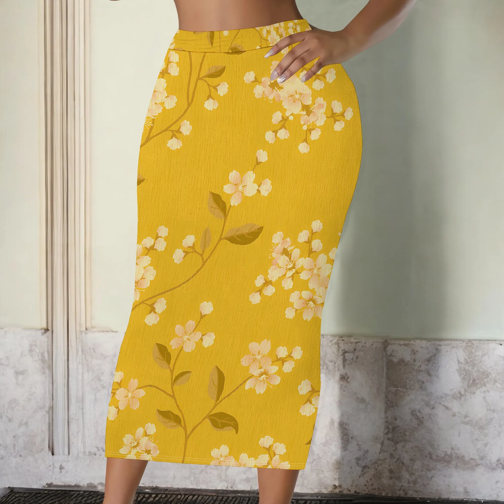 Blumenmuster Bleistiftrock, Aquarell-Print Midirock, Lila Blumen-Bodycon-Rock, Elastischer Bund Damen Bürokleidung, S-2XL – Detail 9