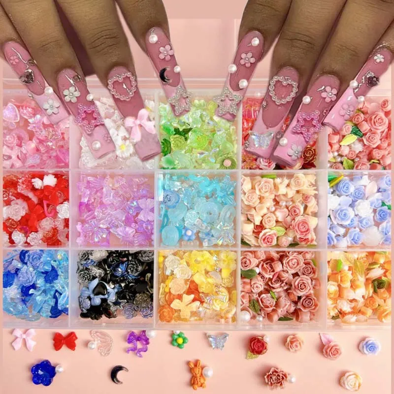 1Box Resin Flower Nail Charms Random Mixed Pearl  Heart Leaves Butterfly Nail Art Decoration DIY Accessories Crafts