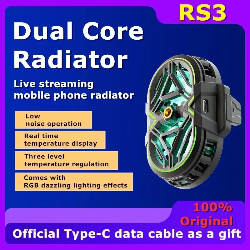 

RS3 Mobile Phone 3 Gear Adjustable Semiconductor Live Streaming Back-clip Cooling Radiator W/ RGB Colorful Light for IOS Android