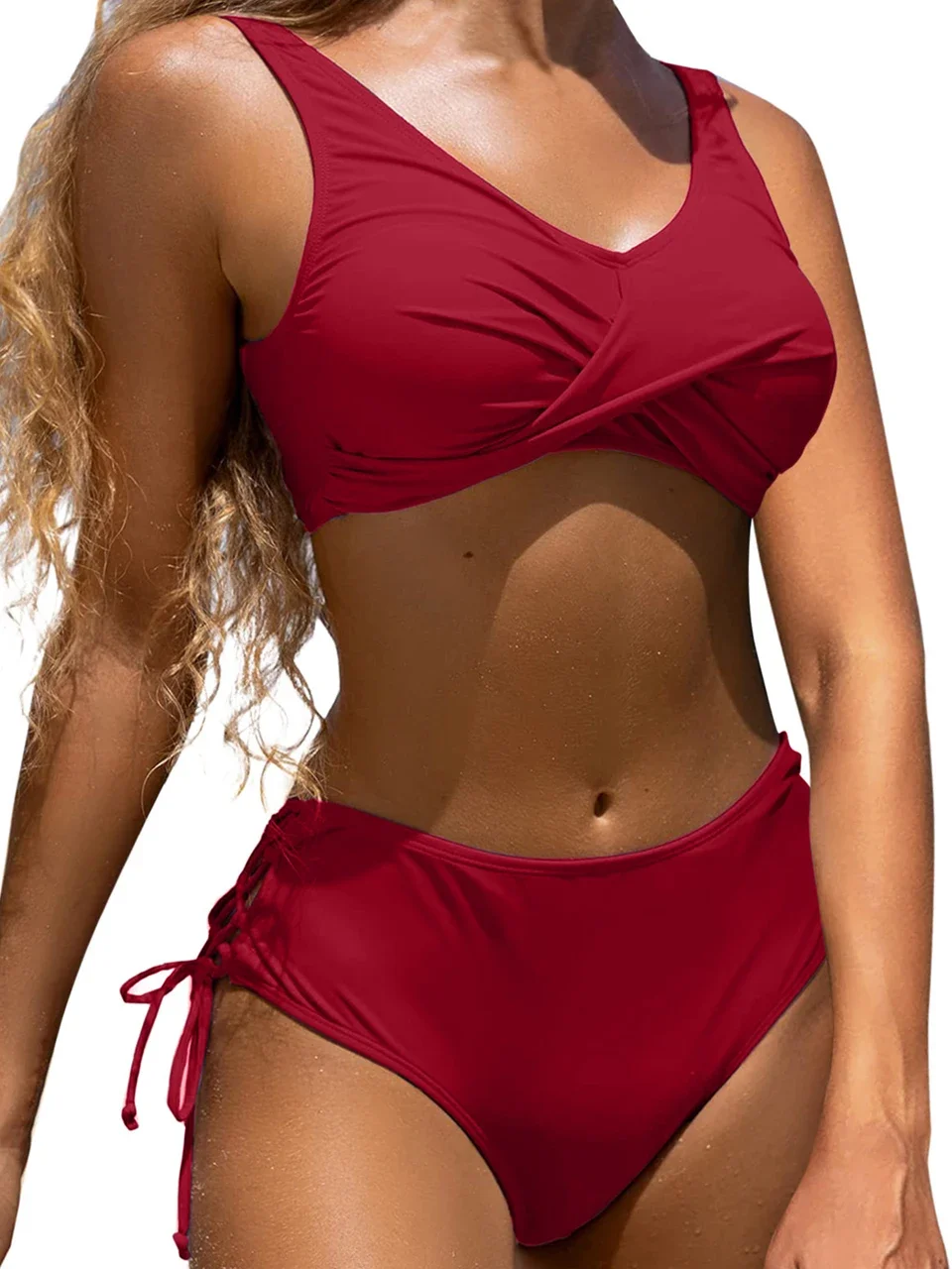 Bikini con cordón para mujer, traje de baño unicolor de cintura alta, traje de baño femenino con cordones, ropa de playa para nadar 2024