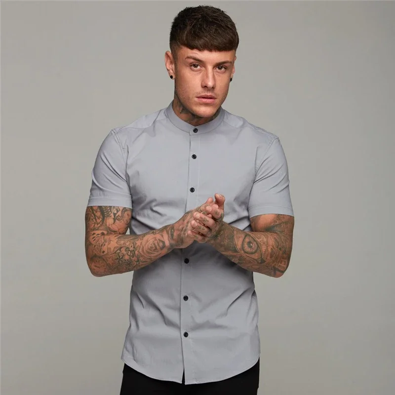 New Summer Men Fashion Short Sleeve Solid Shirt Slim Fit Male Social Business Dress Shirt Brand Mens Gym Fitness Sports Clothing