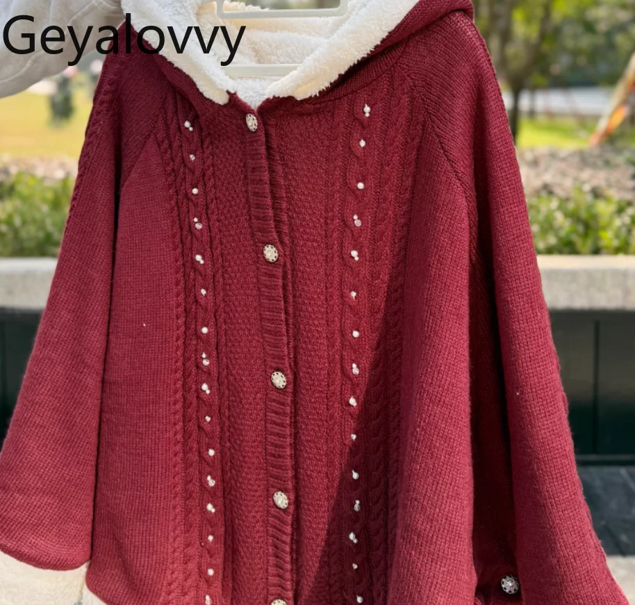 

Autumn Winter Japanese Retro Cape Knitted Sweater Hooded Shawl Sweet Girls Solid Color Single-Breasted Outerwear Loose Cardiagn