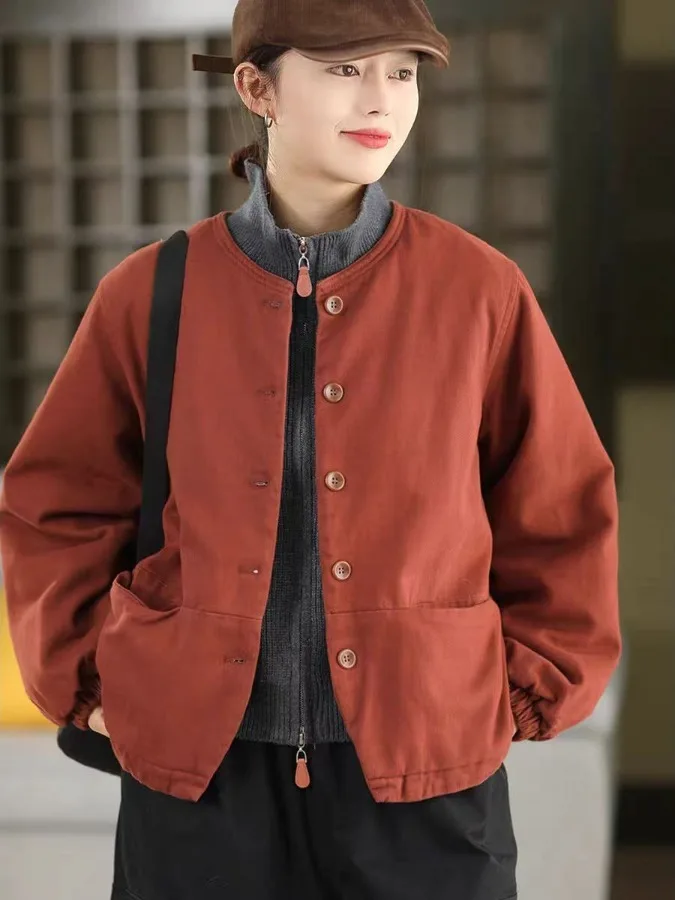 

Thiened Cotton Jaet round Ne Single Button Warm Outerwear for Women Winter Coat Ladylike Sle Loose Fit Long Sve