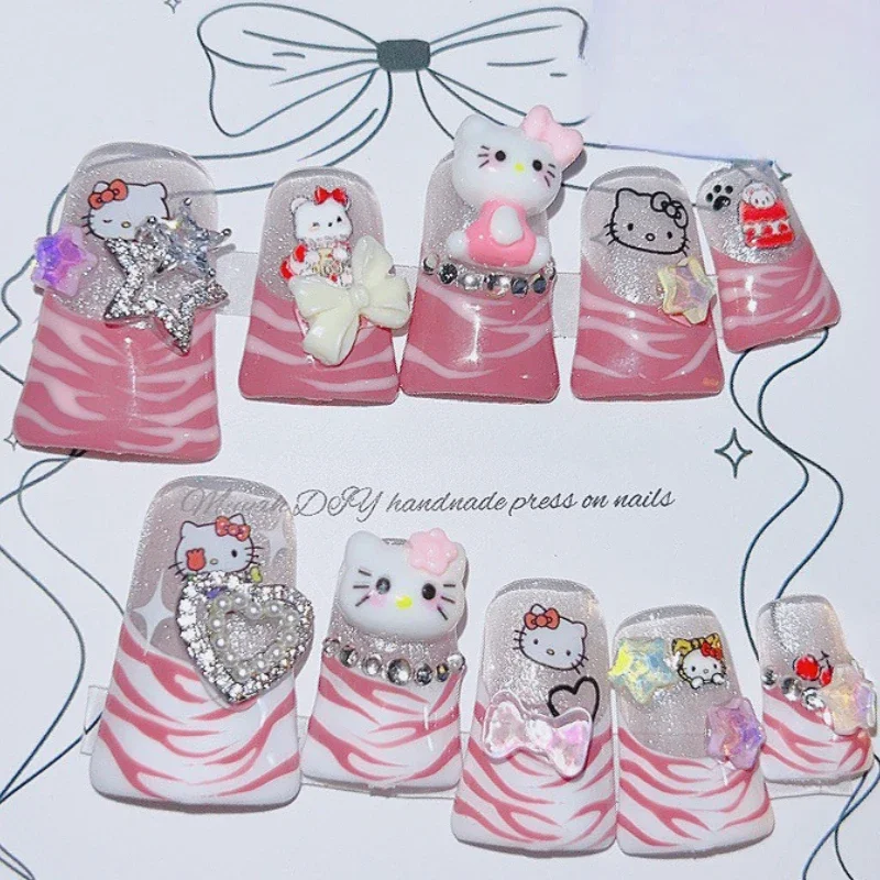 Imprensa artesanal de bico de pato em unhas 10 peças hellokitty bonito curto unhas falsas rosa leopardo dicas de unhas francesas querida manicure artes