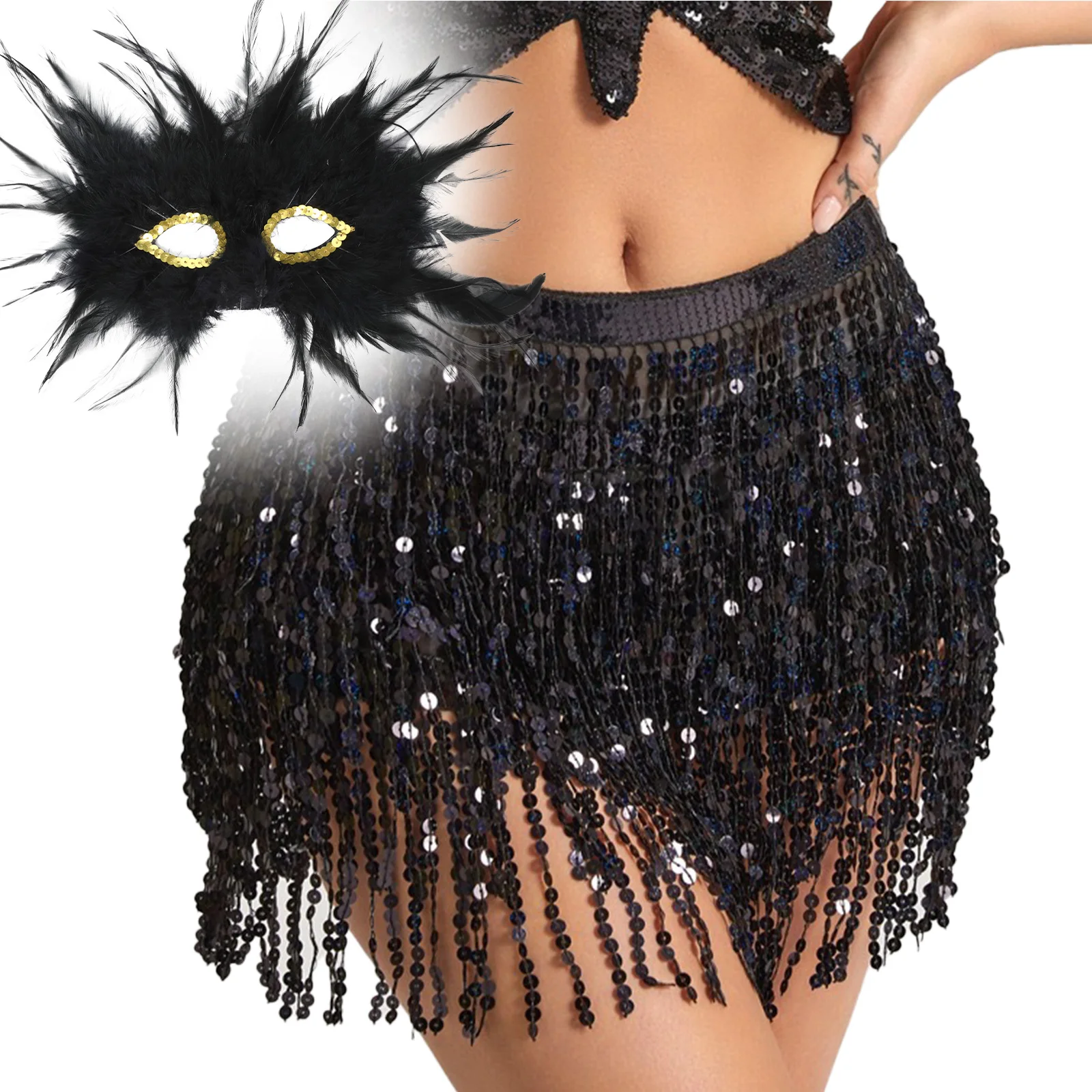 

Dance Party Feather Mask Tassel Hip Scarf Belly Dance Performance Costume Halloween Cosplay Masquerade Props For Adult