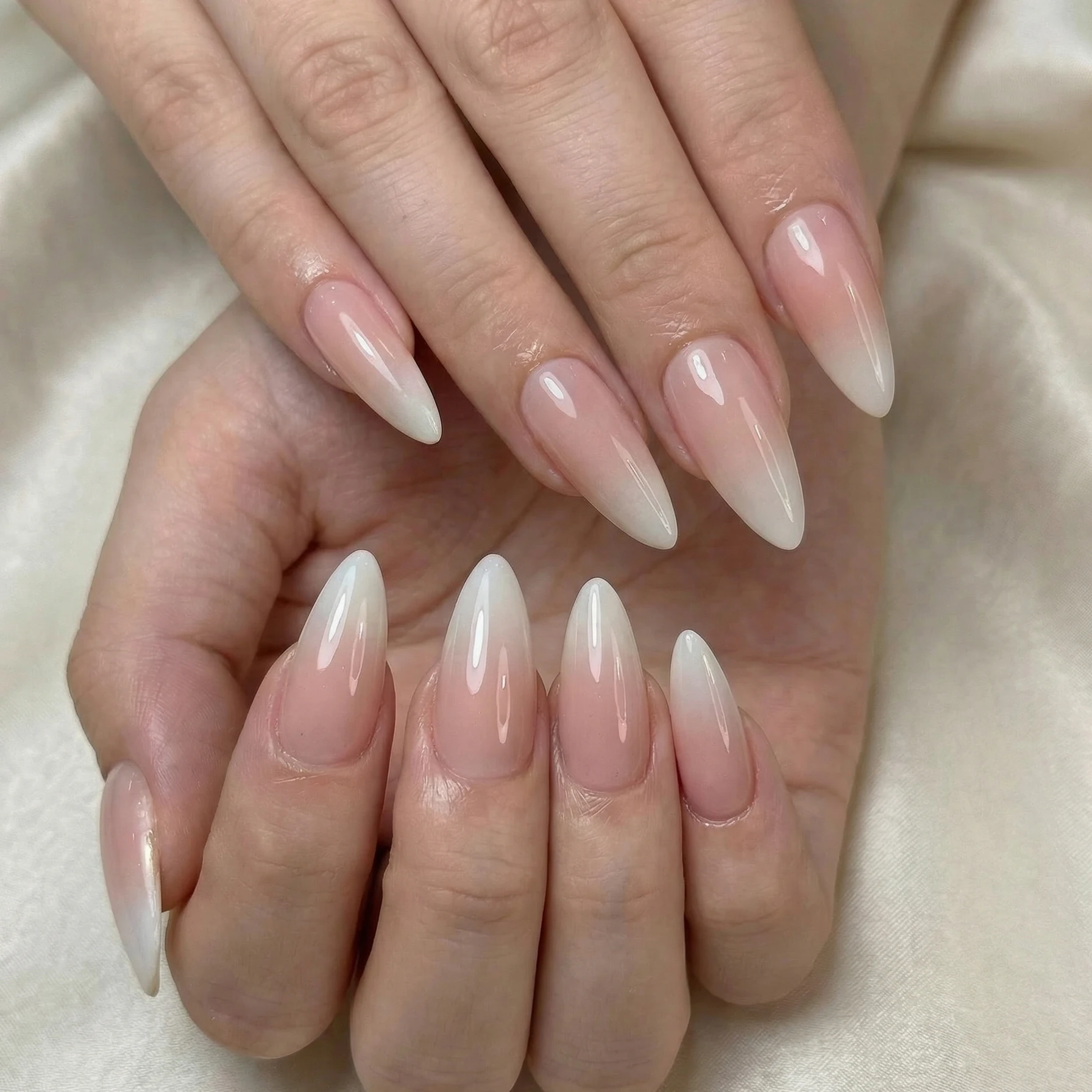 

30Pcs long almond-shaped nail tips set, acrylic material, pink base with white gradient pattern, detachable full cover, durable