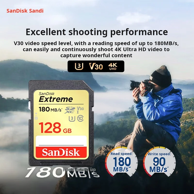 

Карта памяти SD-камеры SanDisk, 128 ГБ, 4K V30 U3 C10, скорость чтения, 180 МБ/с, высокоскоростная, совместимая с беззеркальными/DSLR-камерами