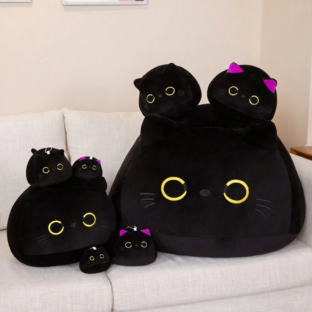 Cartoon Round Ball Black Cat Plush Doll Cuddly 4 Size Plushie Stuffed Toy Cuddly Pillow Cushion Gift