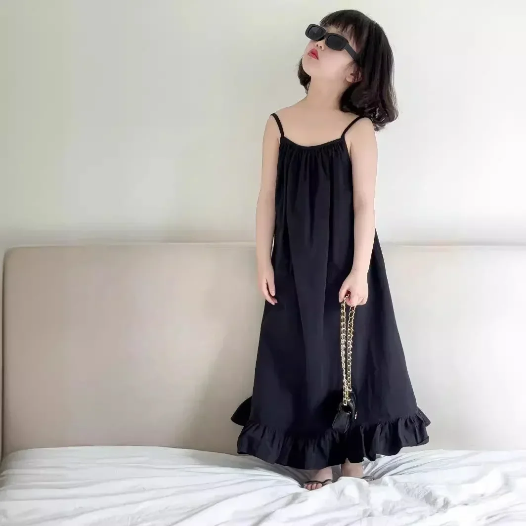 

Korean Childrens Wear 2024 Summer New Girls Vacation Belt Dress Beach Black Summer Dress Girls Clothes