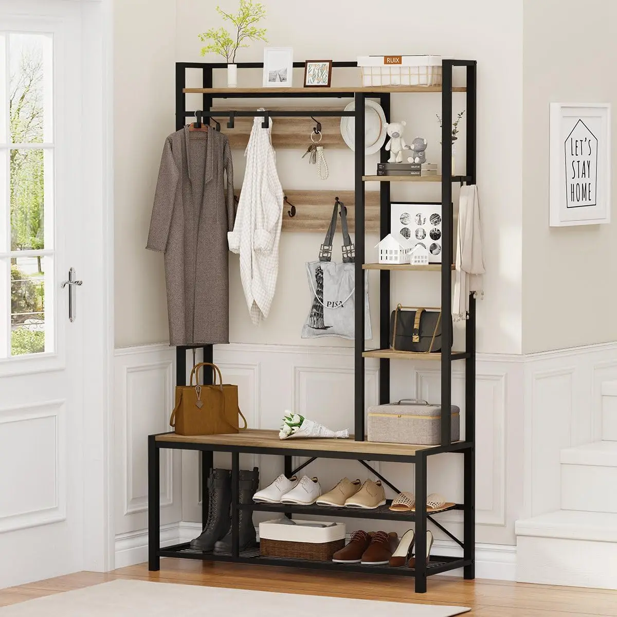 Farmhouse Hall Tree for Entryway, Mudroom Bench with Shoe Storage, Large Coat Rack Shoe Bench with 5 Tier Open Shelves, Adjustab