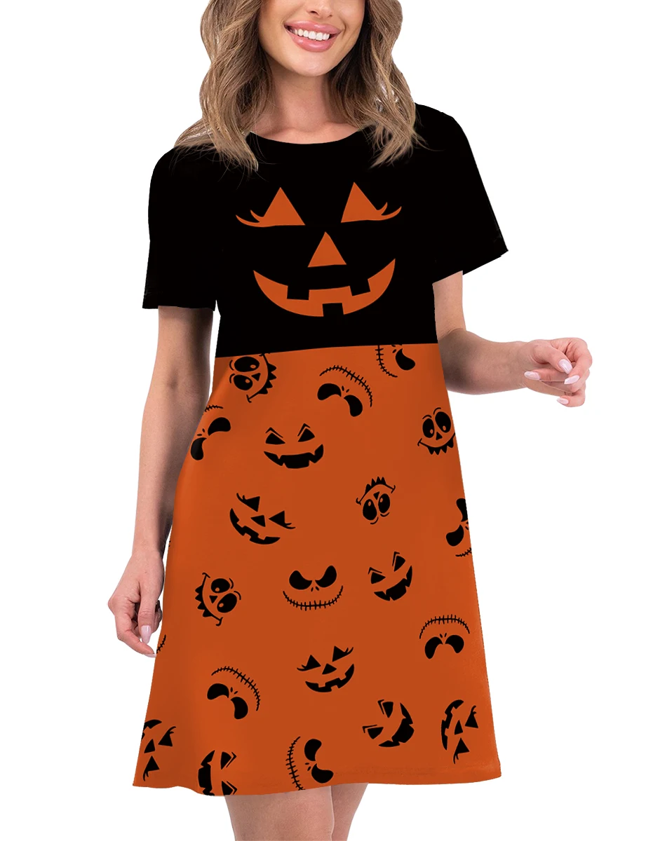 Zawaland Women Dresses Halloween Long Sleeve Casual T-Shirt Dress Funny Pumpkin Printed Parent-Child Clothing Loose Tunic Dress