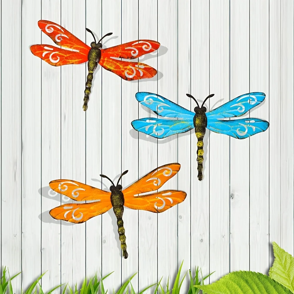 

3pcs Simulation Metal Dragonfly Wall Decor Outdoor Wall Art Dragonfly Garden Yard Decoration Festival Outdoor Art Decorations